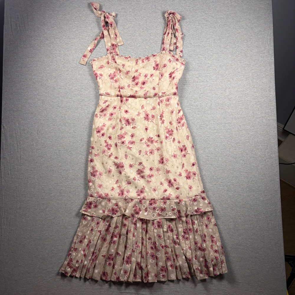 Lulus Floral Midi Dress Medium NWT Cottagecore Boho Tie Strap Ruffled Pleated